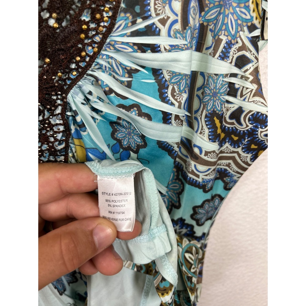Boho Unity World Wear Women Large Blue Brown Paisley Crochet Beaded V-Neck Top - Picture 6 of 8